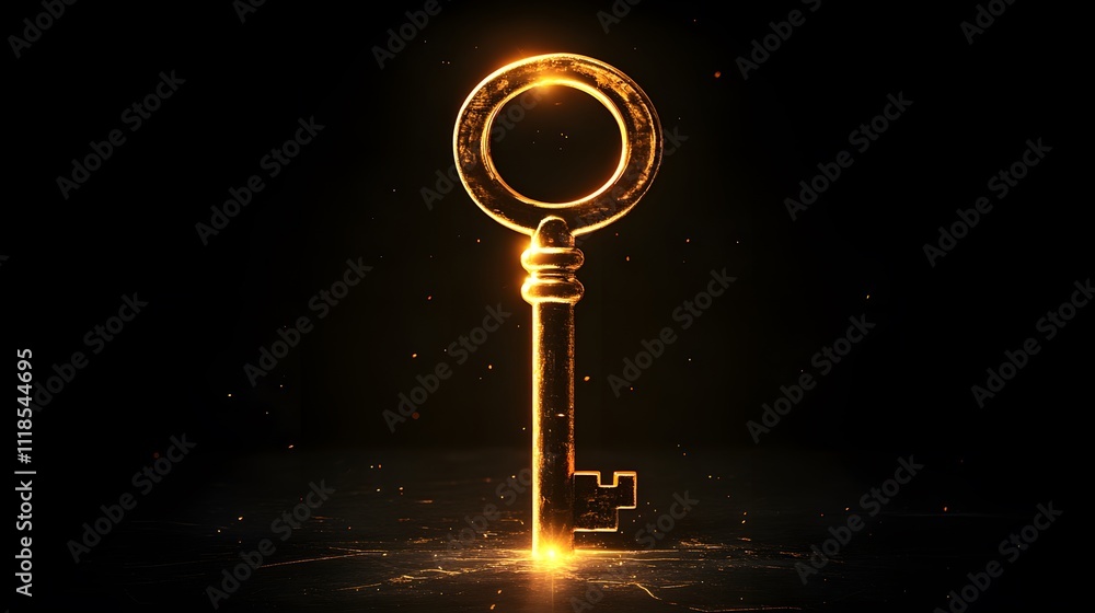 Poster Illuminated Golden Key Surrounded by Enigmatic Light on Dark Background Symbolizing Opportunity, Access, and Discovery in a Mysterious Setting