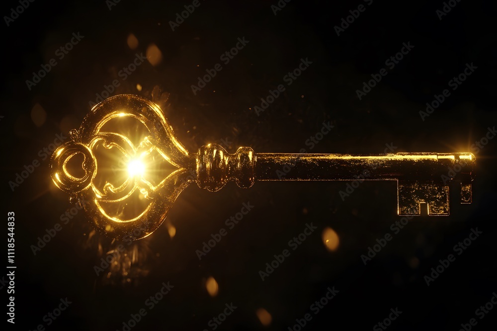 Poster shimmering golden key glowing in darkness, symbolizing unlocking secrets and mysteries, perfect for 