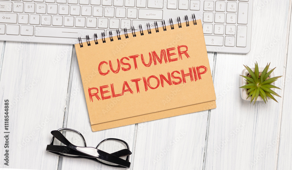 Poster notebook with toolls and notes about customer relationship,concept