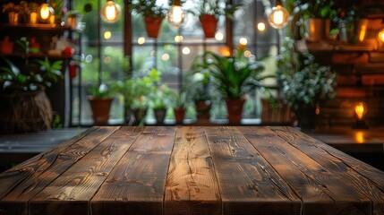 Fototapeta premium Rusty, empty wooden table. Vintage pub interior. Dark wood counter. Restaurant space. Abstract bar scene