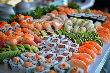 A fresh sushi platter with various pieces including nigiri, sashimi, and rolls