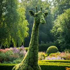 A giraffe-shaped topiary towering over a blooming garden with a vibrant backdrop