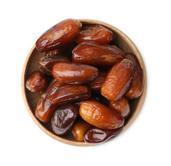 Tasty sweet dried dates in wooden bowl isolated on white, top view