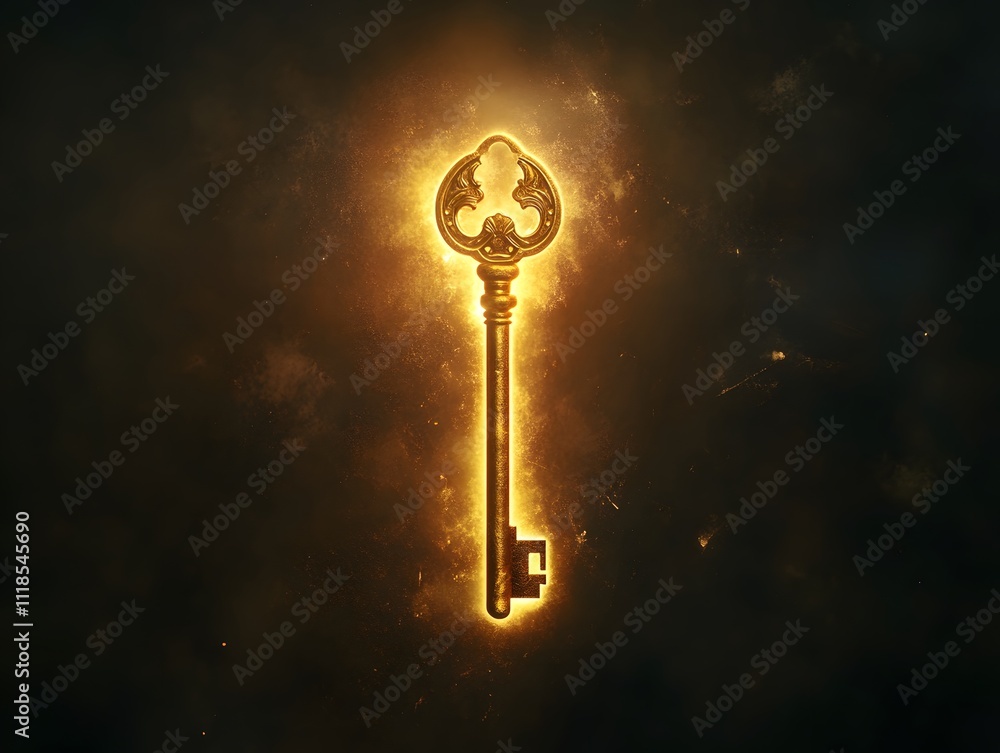 Poster a mystical golden key illuminated by a radiant glow against a dark background, symbolizing unlocking