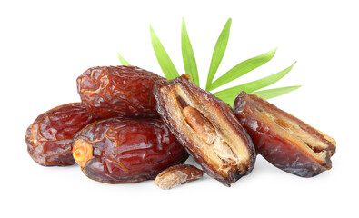 Tasty dried dates and leaf isolated on white