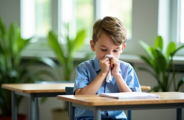 Boy in school uniform blowing his nose during a lesson. Suitable for content on childhood illness, health tips, or student life.