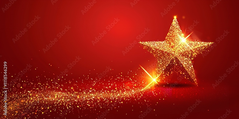 Poster over a crimson setting, a lone star appears with a vector light effect of dazzling golden sparkles a