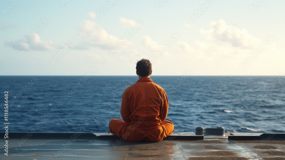 Poster a quiet moment of introspection for a sailor sitting on the edge of the ship and watching the endles