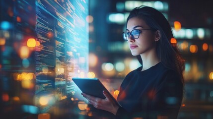 A woman using a tablet, surrounded by digital data and coding visuals.