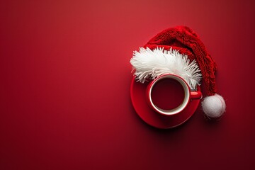 Over a dark red setting, a Santa hat and a coffee mug depict warmth and serenity over New Year's Eve lovely morning starts and space, Generative AI.