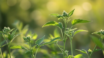 Obraz premium A close-up shot of the leaves and buds on a blooming cannabis plant