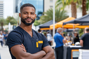 a community health fair where local healthcare providers offer free screenings and wellness information to residents