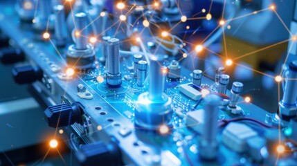 A of IoT sensors is seen up close interconnected by 5G technology to collect and transmit data on various aspects of the manufacturing process. Their seamless integration