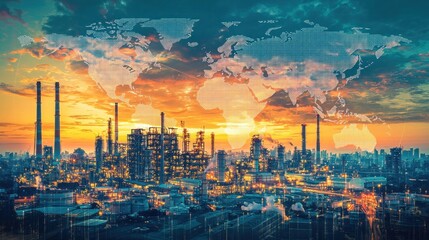 Fototapeta premium Global Industrial Landscape at Sunset: A World Connected Through Industry
