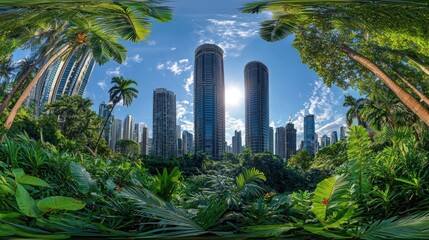 Urban Jungle: Skyscrapers Emerging from Lush Tropical Foliage