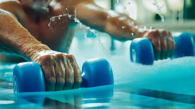 An older Caucasian man is training with blue dumbbells in a swimming pool, focusing on fitness and rehabilitation. The atmosphere is serene, emphasizing health and active aging.
