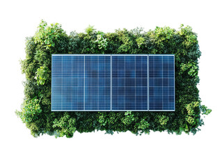 A solar panel array surrounded by lush greenery on transparent background.
