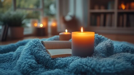 Cozy room with candles, book, and blanket.