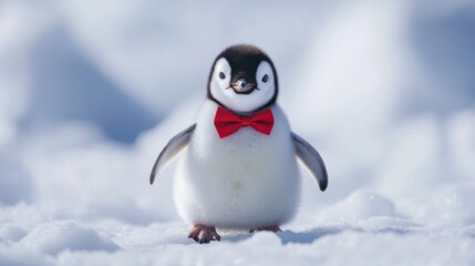 Fototapeta premium A cheerful chick wearing a bright red bow tie stands on a snowy surface amidst a winter scenery. The soft snow enhances the festive vibe, perfect for seasonal festivities
