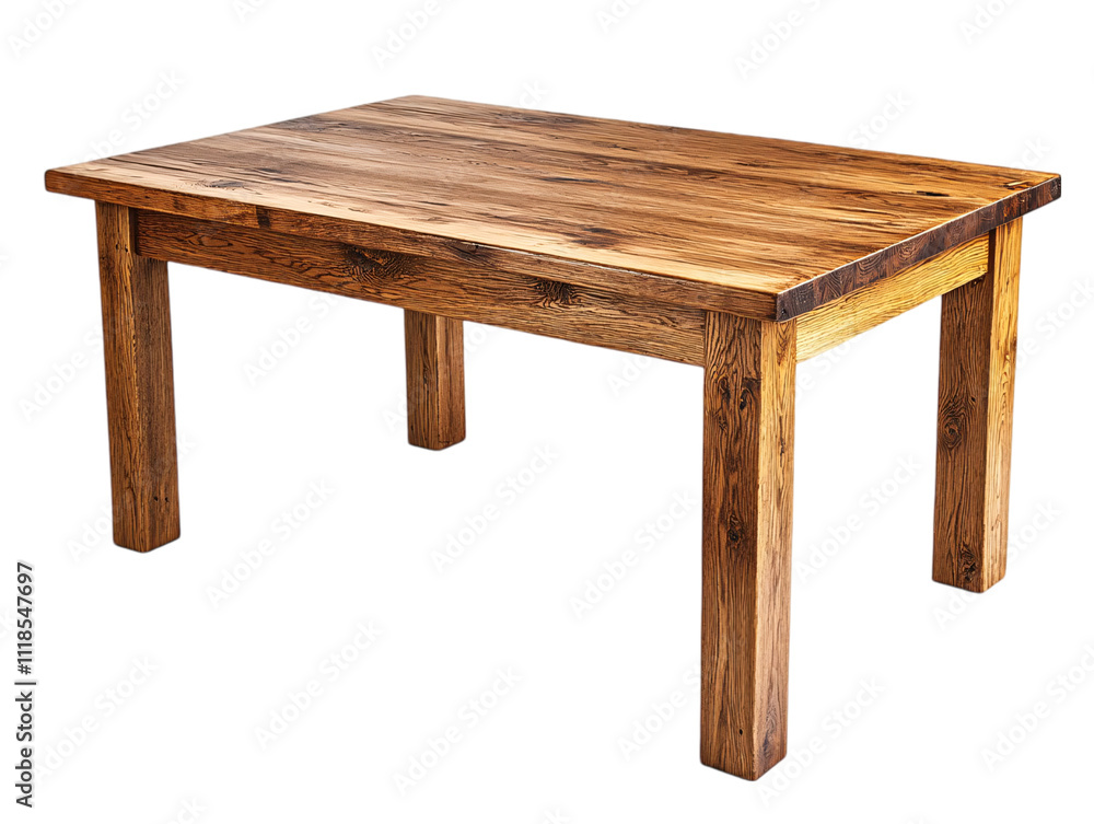 Poster a rustic wooden table with a sturdy design, showcasing natural grain patterns and a warm finish on t