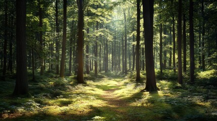 Obraz premium A serene forest scene with sunlight filtering through tall trees, creating a tranquil atmosphere.