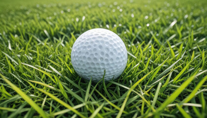 Fototapeta premium A white golf ball resting on a lush, green grass field