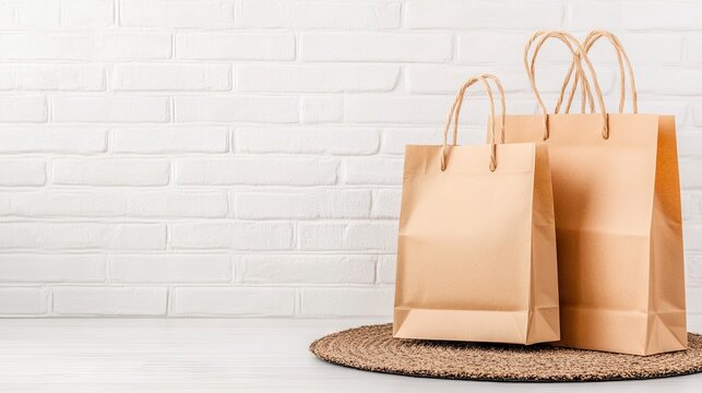 Two brown paper bags filled with food are placed on a doormat in front of a white brick wall, inviting any passerby to enjoy a meal from the comfort of home