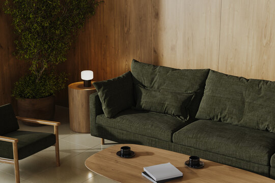 Lounge area close-up in modern interior, 3d render