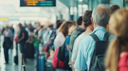 Crowded security checkpoint at airport, with passengers and luggage being screened for safe and efficient travel