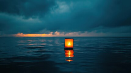 Floating lantern illuminates calm ocean water at dusk