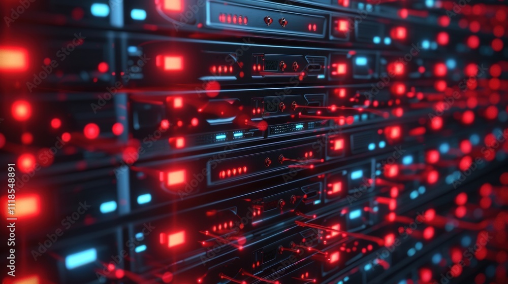 Poster server racks with blinking red and blue lights represent innovative production in a modern data cent