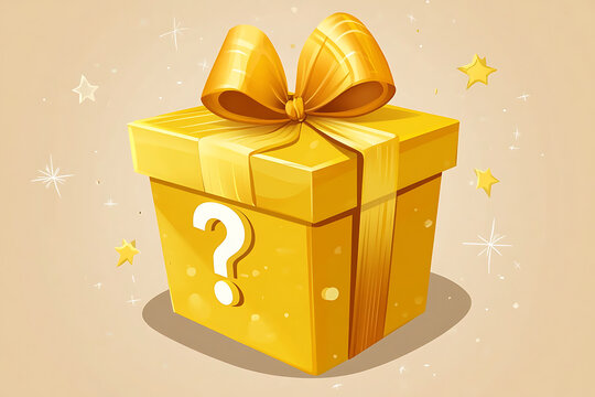 A yellow gift box with a bow and a question mark, suggesting a surprise or mystery inside.