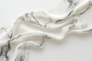 Elegant flow of marble-patterned silk fabric on white background
