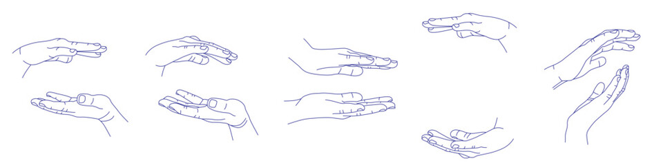 Set of hand gestures in various positions. Contour vector sketch illustration. Index, middle, ring, little fingers and thumb