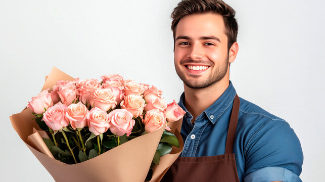 Young smilling man in blue shirts and brown aproon holdihg a big bouquet of pinr roses in craft paper, looking at camera, white background,