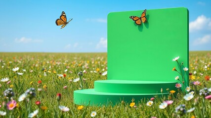 Field of flowers and butterflies paper cut on blue sky backdrop with green podium for product display, butterfly, field