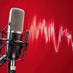 Professional microphone with sound waves on a vibrant red background, showcasing music recording,...