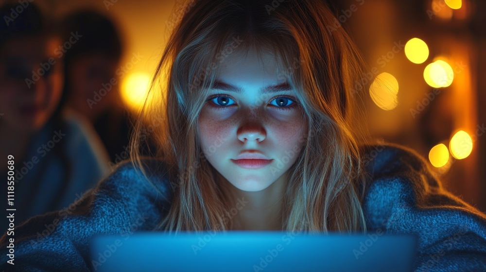 Poster a girl sits focused in front of a laptop, illuminated by its screen. the warm ambiance is enhanced b