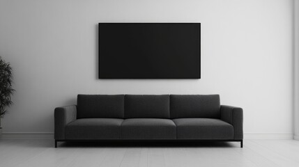 Minimalist living room interior with black sofa and blank frame mockup.