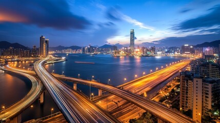 Fototapeta premium A vibrant cityscape at dusk, showcasing illuminated highways and skyscrapers by the water.