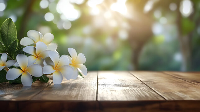 A wooden table with white frangipani flowers on the left and copy space on the right. Banner with negative space on the theme of vacation, spa, yoga and wellness
