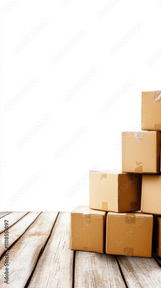 Poster a stack of cardboard boxes rests on a wooden floor in a vacant room with white walls, representing a