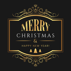 Merry Christmas and Happy New Year card, banner, cover design template with gold vintage calligraphic frame and typography on black background. Creative concept in trendy retro style.