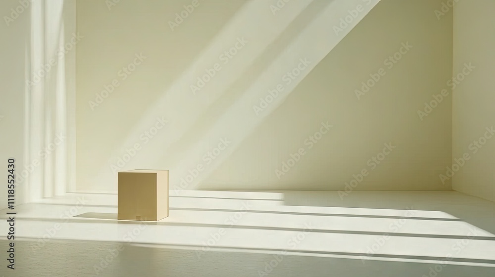 Poster a spacious, empty room features cardboard boxes neatly stacked on the floor against a plain white ba