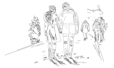 Romantic couple walking on long way