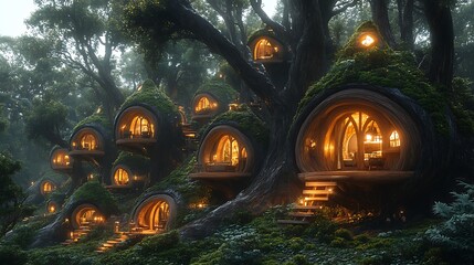 Artistic showcasing a magical treehouse community styled perfectly within scenic forest setting picture