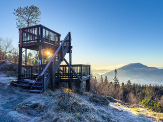 Lookout tower in the mountains Fløyen, Bergen Norway