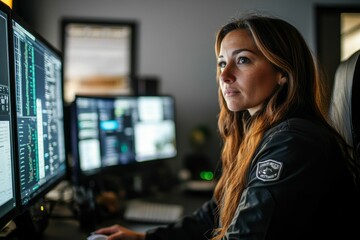 Woman coding, multiple screens display data.