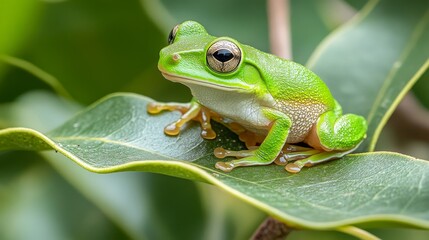 Fototapeta premium A vibrant green frog perched on a leaf, showcasing its colorful features in a natural setting.