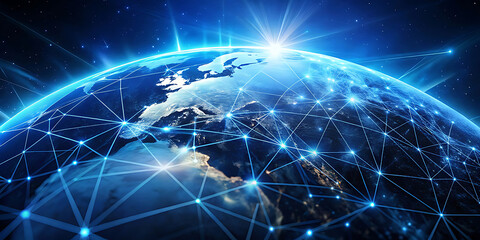 Wide-Angle View of Earth from Space Glowing Blue Points & Lines Connecting Cities Across Continents, Highlighting Global Connectivity with Cinematic Framing